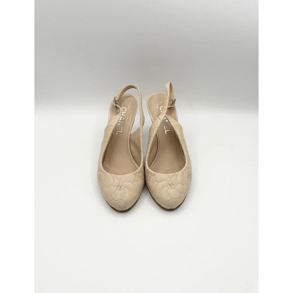 Chanel Beige Slingback Heels Embroidered CC Camellia Accents Size EU 37